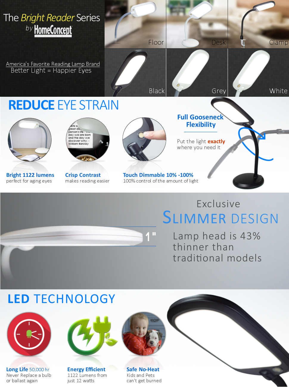 Bright Reader 26" Full Spectrum LED Desk Lamp – Natural Daylight, Grey